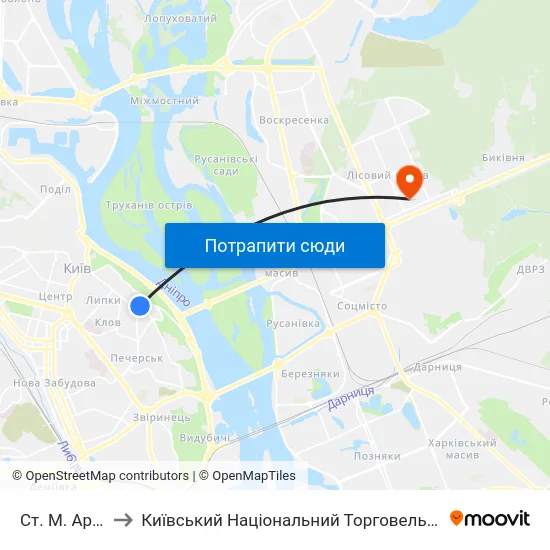 Ст. М. Арсенальна to Київський Національний Торговельно-Економічний Університет map