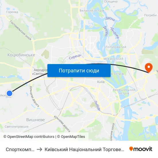 Спорткомплекс Чайка to Київський Національний Торговельно-Економічний Університет map