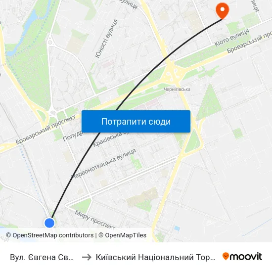 Вул. Євгена Сверстюка (На Вимогу) to Київський Національний Торговельно-Економічний Університет map