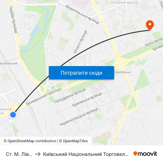 Ст. М. Лівобережна to Київський Національний Торговельно-Економічний Університет map