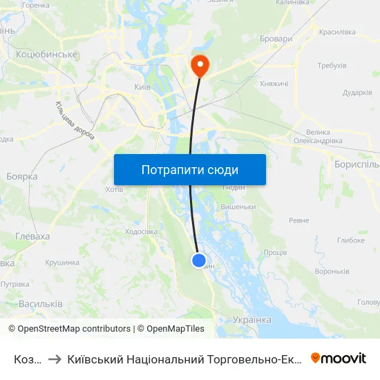 Козин-1 to Київський Національний Торговельно-Економічний Університет map