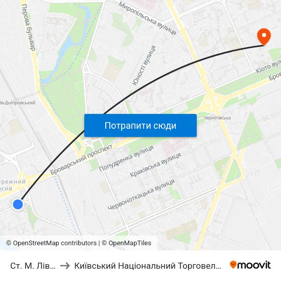 Ст. М. Лівобережна to Київський Національний Торговельно-Економічний Університет map
