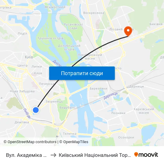 Вул. Академіка Філатова (На Вимогу) to Київський Національний Торговельно-Економічний Університет map