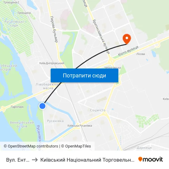 Вул. Ентузіастів to Київський Національний Торговельно-Економічний Університет map