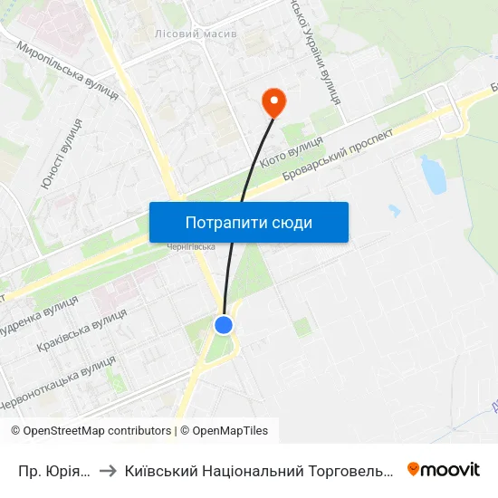 Пр. Юрія Гагаріна to Київський Національний Торговельно-Економічний Університет map