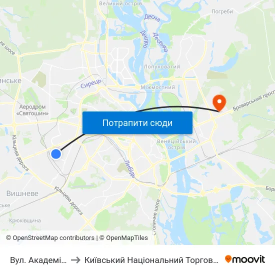 Вул. Академіка Білецького to Київський Національний Торговельно-Економічний Університет map