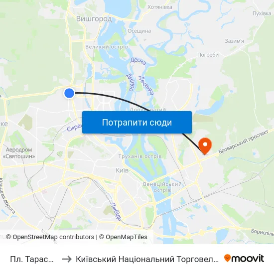 Пл. Тараса Шевченка to Київський Національний Торговельно-Економічний Університет map
