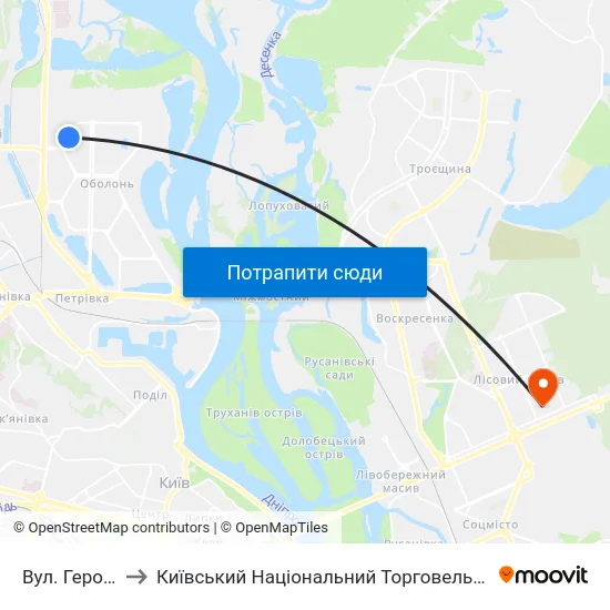 Вул. Героїв Дніпра to Київський Національний Торговельно-Економічний Університет map