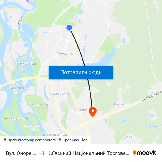 Вул. Оноре Де Бальзака to Київський Національний Торговельно-Економічний Університет map