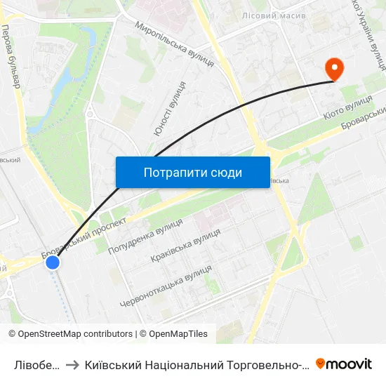Лівобережна to Київський Національний Торговельно-Економічний Університет map