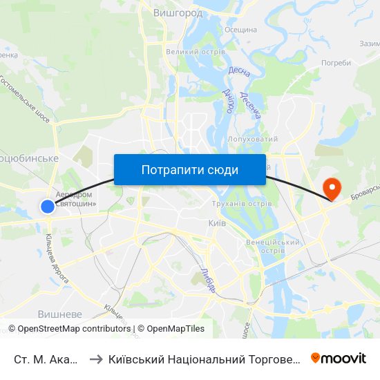 Ст. М. Академмістечко to Київський Національний Торговельно-Економічний Університет map