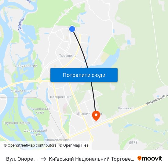 Вул. Оноре Де Бальзака to Київський Національний Торговельно-Економічний Університет map