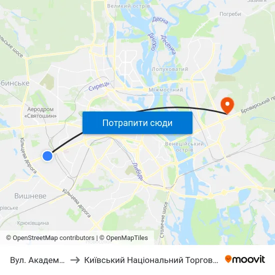 Вул. Академіка Корольова to Київський Національний Торговельно-Економічний Університет map