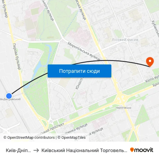 Київ-Дніпровський to Київський Національний Торговельно-Економічний Університет map