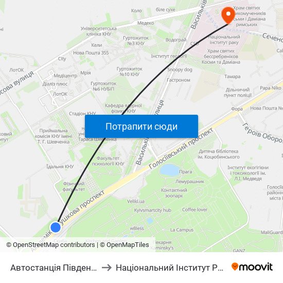 Автостанція Південна to Національний Інститут Раку map