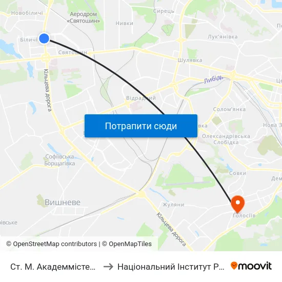 Ст. М. Академмістечко to Національний Інститут Раку map