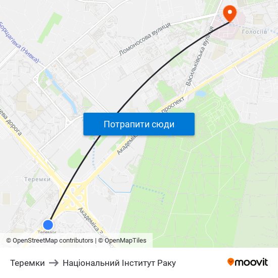 Теремки to Національний Інститут Раку map