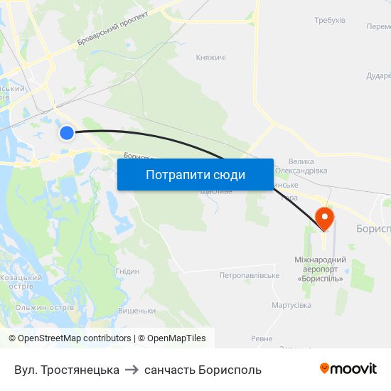 Вул. Тростянецька to санчасть Борисполь map