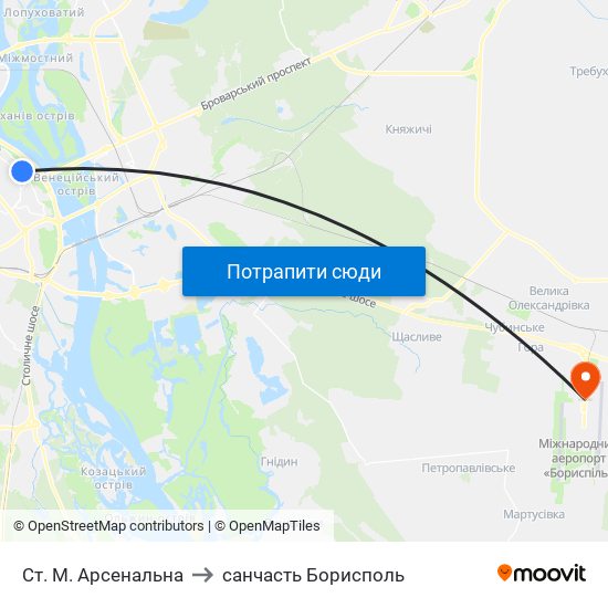 Ст. М. Арсенальна to санчасть Борисполь map