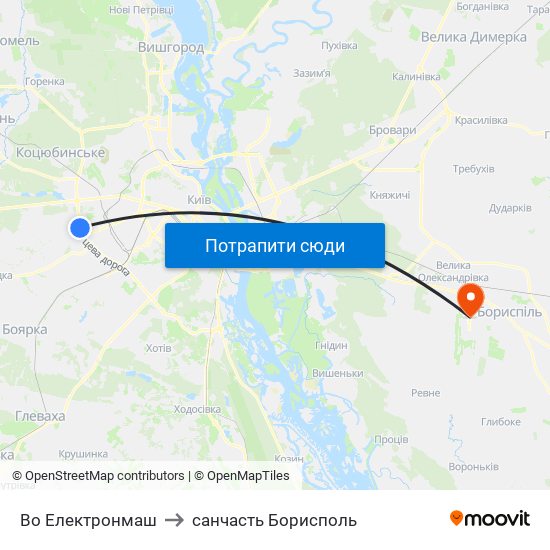 Во Електронмаш to санчасть Борисполь map