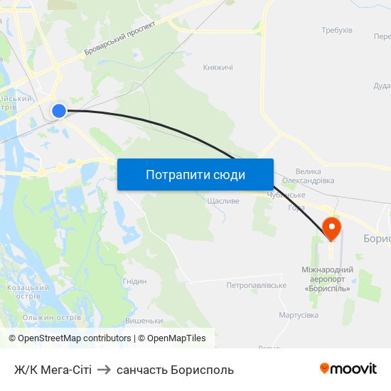 Ж/К Мега-Сiтi to санчасть Борисполь map