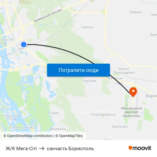 Ж/К Мега-Сiтi to санчасть Борисполь map