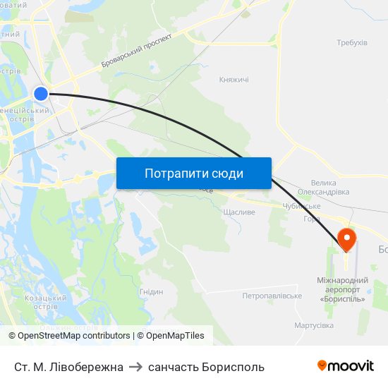 Ст. М. Лівобережна to санчасть Борисполь map