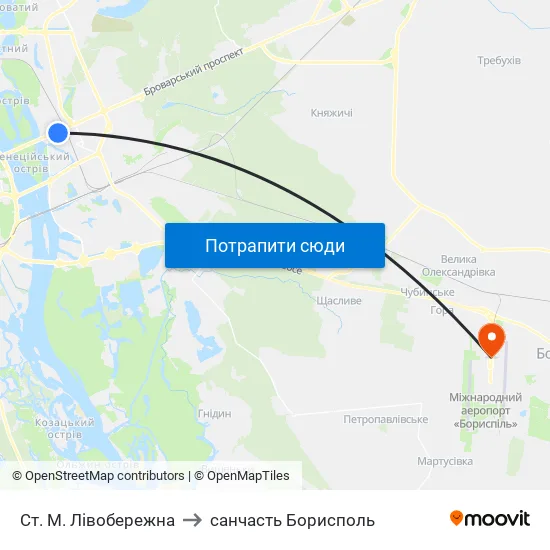 Ст. М. Лівобережна to санчасть Борисполь map