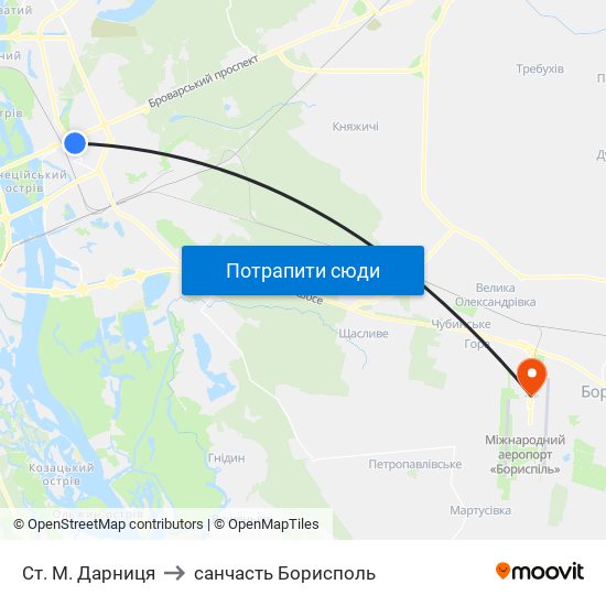 Ст. М. Дарниця to санчасть Борисполь map