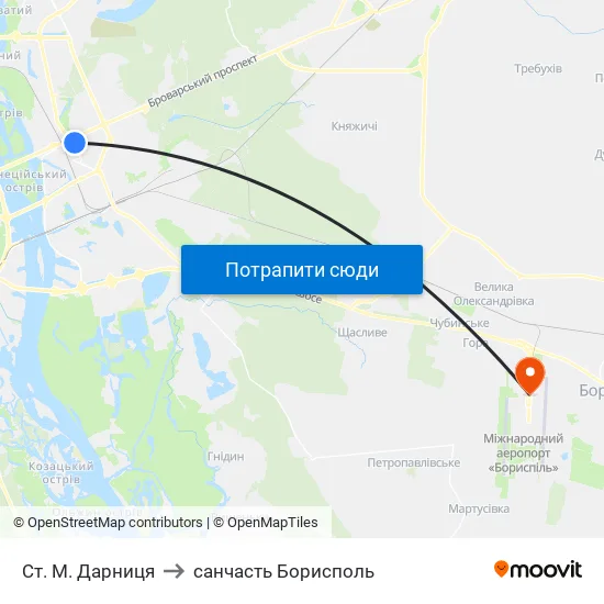 Ст. М. Дарниця to санчасть Борисполь map