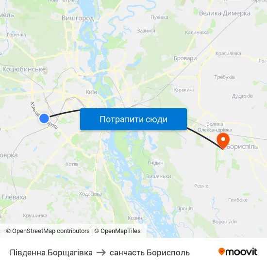 Південна Борщагівка to санчасть Борисполь map