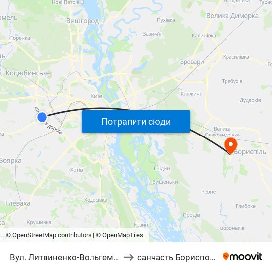 Вул. Литвиненко-Вольгемут to санчасть Борисполь map