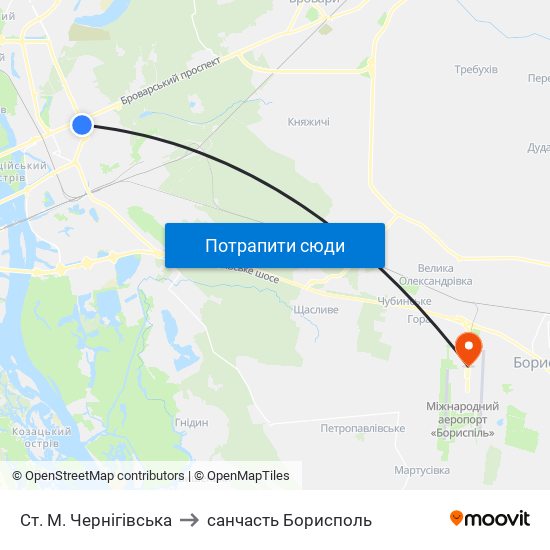 Ст. М. Чернігівська to санчасть Борисполь map