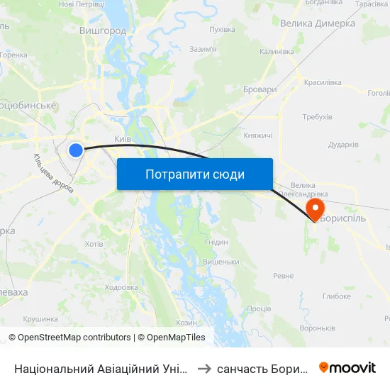 Національний Авіаційний Університет to санчасть Борисполь map