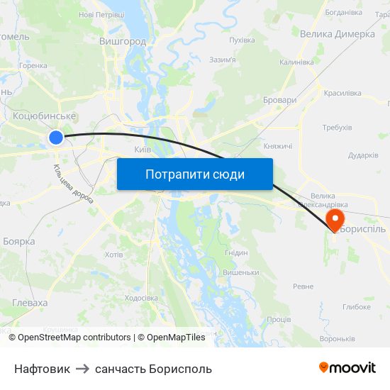 Нафтовик to санчасть Борисполь map