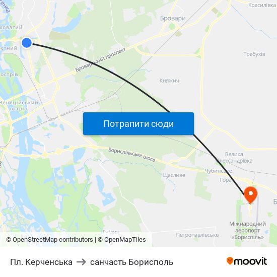 Пл. Керченська to санчасть Борисполь map