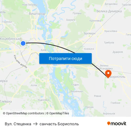 Вул. Стеценка to санчасть Борисполь map