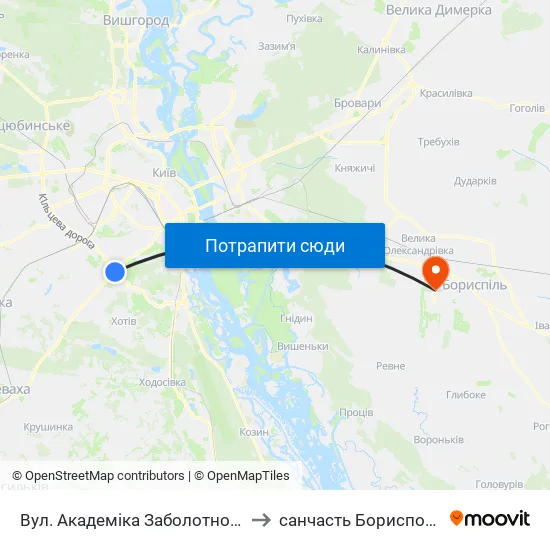 Вул. Академіка Заболотного to санчасть Борисполь map
