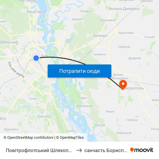 Повітрофлотський Шляхопровід to санчасть Борисполь map