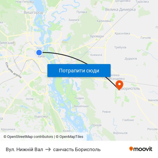 Вул. Нижнiй Вал to санчасть Борисполь map