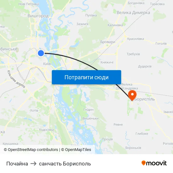 Почайна to санчасть Борисполь map