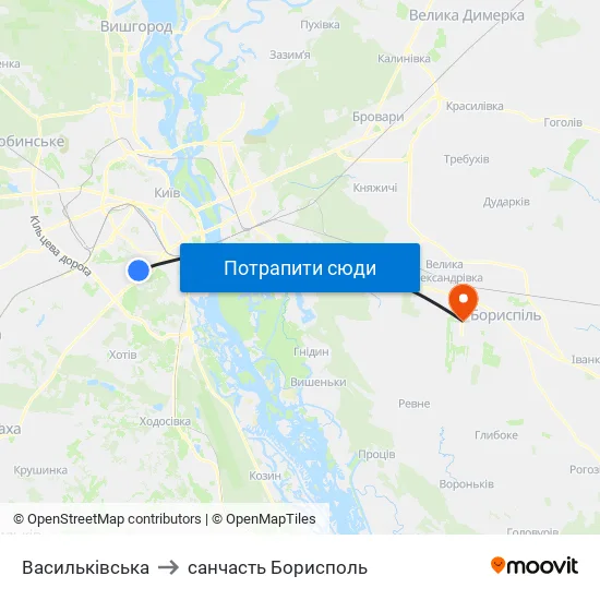 Васильківська to санчасть Борисполь map