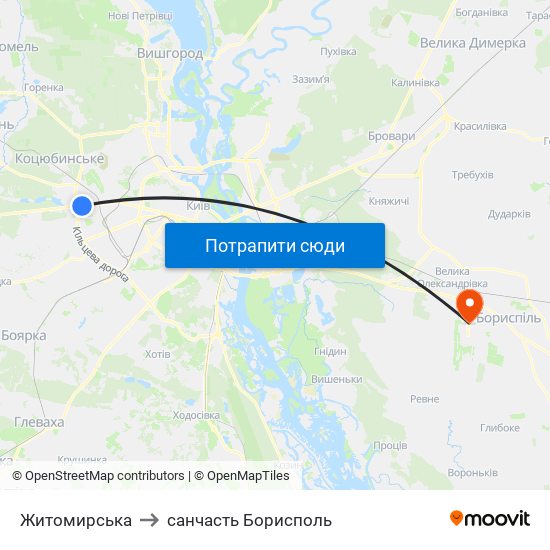 Житомирська to санчасть Борисполь map