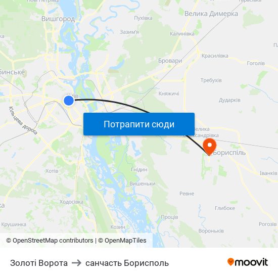 Золоті Ворота to санчасть Борисполь map