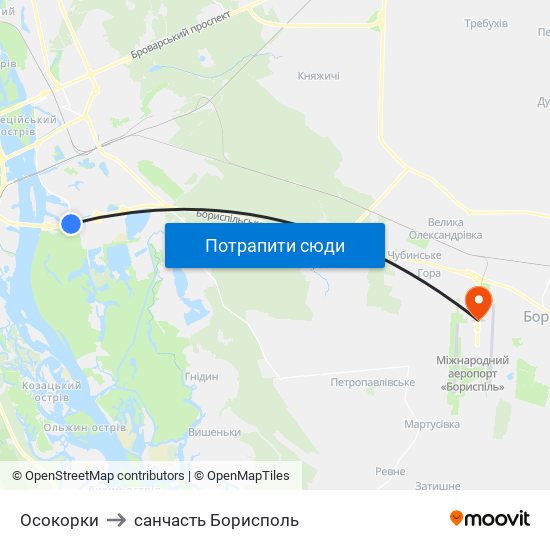 Осокорки to санчасть Борисполь map