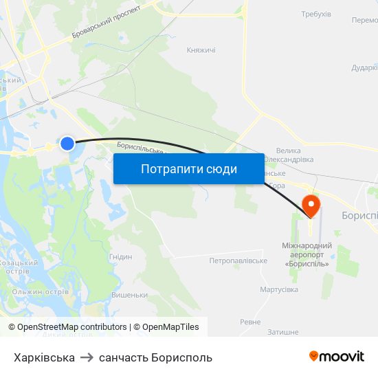 Харківська to санчасть Борисполь map