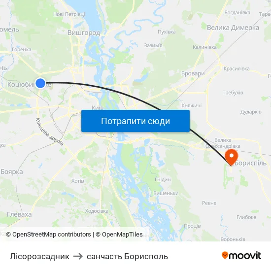 Лісорозсадник to санчасть Борисполь map