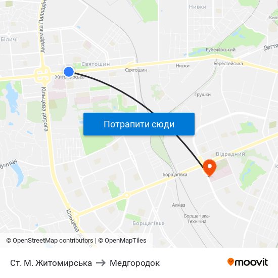 Ст. М. Житомирська to Медгородок map