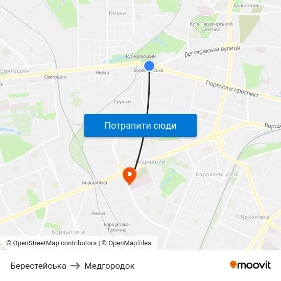 Берестейська to Медгородок map