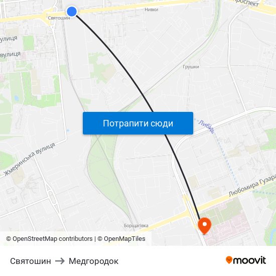 Святошин to Медгородок map